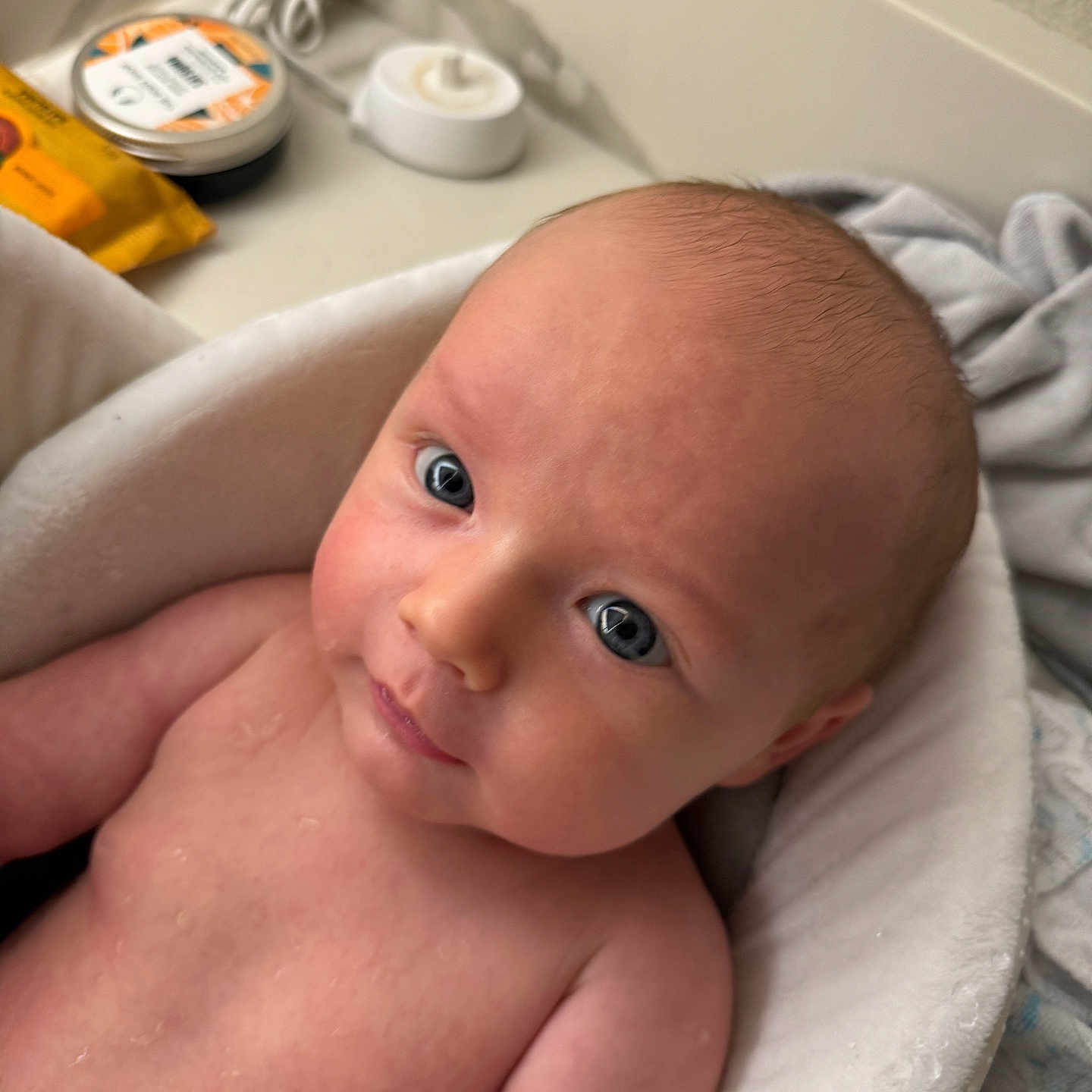 Emerson is registered to the contest to win money with this photo: architecture, baby, bathing, bathtub, bed, blanket, bodypart, building, couch, cradle, face, finger, furniture, hand, happy, head, hospital, newborn, person, photography