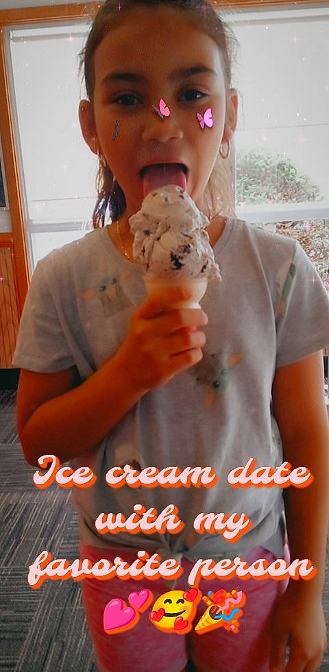 Isabella is registered to the contest to win money with this photo: cabinetry, child, comfort_food, dessert, door, finger, food, food_craving, frozen_dessert, fur, gesture, happy, ice_cream, ice_cream_cone, ingredient, junk_food, person, photo_caption, plush, stuffed_toy