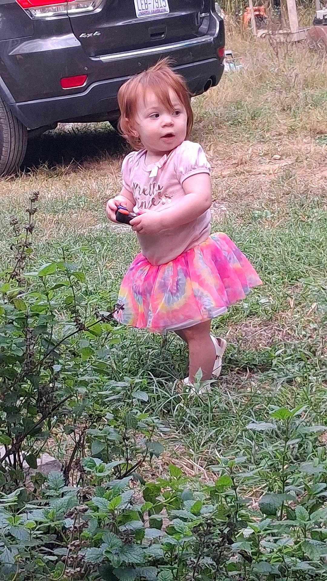 Eden is registered to the contest to win money with this photo: toddler, child, grass, outdoor, toy, car, vehicle, shirt, skirt, footwear, nature, greenery, plants, curly_hair, daylight, backyard, standing, casual_clothing, expression, play