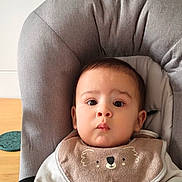 Sohan participe au concours pour gagner de l'argent avec cette photo : baby, infant, face, bib, koala, seat, cushion, clothing, indoor, child, expression, cute, young, person, portrait, sitting, looking, eyes, head, soft