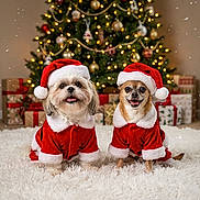 Gidget And Lola is registered to the contest to win money with this photo: dog, christmas_tree, holiday, santa_hat, santa_suit, gift, present, decorations, festive, smiling, cute, fluffy_rug, indoor, celebration, winter, pet, canine, costume, christmas_lights, happy