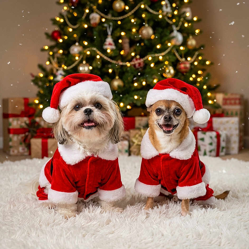 Gidget And Lola is registered to the contest to win money with this photo: canine, celebration, christmas_lights, christmas_tree, costume, cute, decorations, dog, festive, fluffy_rug, gift, happy, holiday, indoor, pet, present, santa_hat, santa_suit, smiling, winter