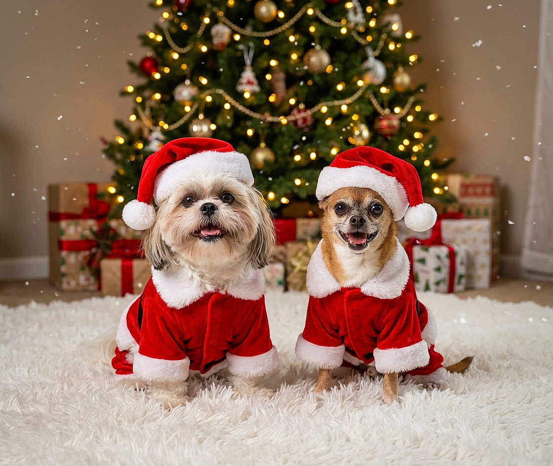 Gidget And Lola is registered to the contest to win money with this photo: dog, christmas_tree, holiday, santa_hat, santa_suit, gift, present, decorations, festive, smiling, cute, fluffy_rug, indoor, celebration, winter, pet, canine, costume, christmas_lights, happy