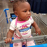 Rhylie is registered to the contest to win money with this photo: aisle, baby, baby_clothing, cart, child, clothing_store, cookie_pattern, curious, face, indoor, pink_outfit, portrait, retail, serious_expression, shopping, shopping_cart, sitting, store, toddler, walmart
