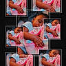 baby, blue_clothing, close_up, collage, cuddling, dark_background, family keepsake, handwritten_text, indoor, infant, memory_book, pacifier, peaceful, photo_frames, photography, pink_blanket, portrait, scrapbook, sleeping, stuffed_animal