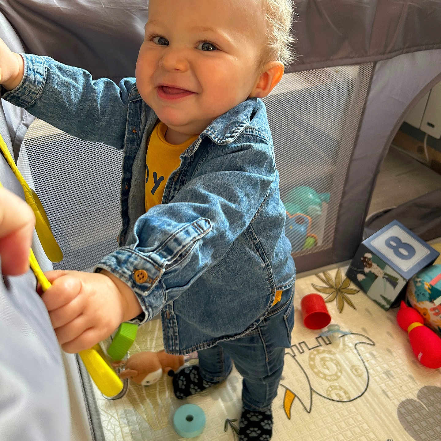 Elio a rejoint le concours — aidez-le/la à gagner de superbes lots ! baby, bodypart, brush, clothing, crib, device, face, finger, furniture, hand, head, indoors, infantbed, jeans, pants, person, photography, portrait, tool, toothbrush