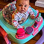 baby, child, baby_walker, colorful, wooden_floor, indoor, onesie, patterned_clothing, face, expression, toy, pink, purple, blue, wood, flooring, infant, person, cute, scrunched_face