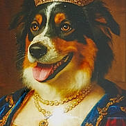 Reine Thaïs participe au concours pour gagner de l'argent avec cette photo : artwork, blue_clothing, crown, dog, eyes, fur, glare, jewelry, muzzle, necklace, ornate, painting, pearls, portrait, portrait_orientation, red_clothing, renaissance_style, royal_costume, tongue_out, vintage