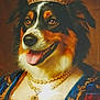 artwork, blue_clothing, crown, dog, eyes, fur, glare, jewelry, muzzle, necklace, ornate, painting, pearls, portrait, portrait_orientation, red_clothing, renaissance_style, royal_costume, tongue_out, vintage