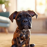 Alpha a rejoint le concours — aidez-le/la à gagner de superbes lots ! puppy, dog, brown_coat, brindle, sitting, carpet, indoors, cute, pet, young, canine, fur, ears, nose, eyes, adorable, animal, domestic, portrait, soft_light
