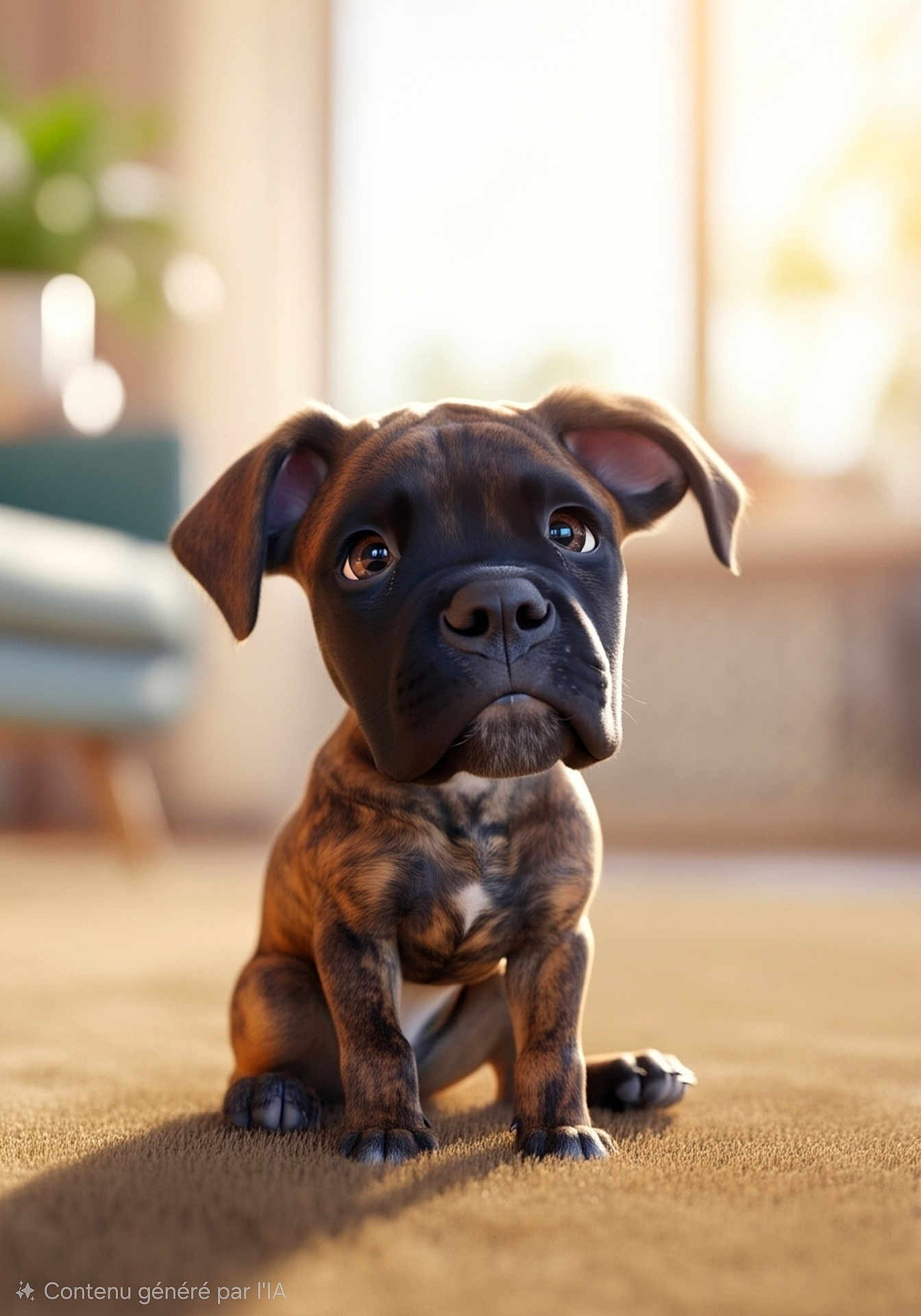 Alpha a rejoint le concours — aidez-le/la à gagner de superbes lots ! puppy, dog, brown_coat, brindle, sitting, carpet, indoors, cute, pet, young, canine, fur, ears, nose, eyes, adorable, animal, domestic, portrait, soft_light
