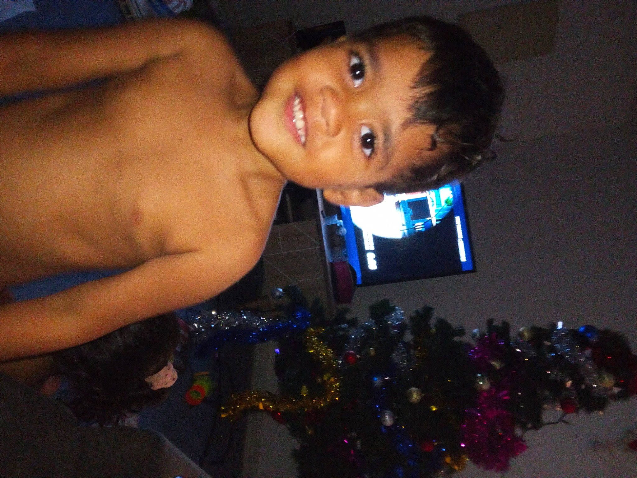 Këvan a rejoint le concours — aidez-le/la à gagner de superbes lots ! chest, christmas_decoration, christmas_ornament, christmas_tree, elbow, electric_blue, eye, facial_expression, flash_photography, hairstyle, happy, head, holiday_ornament, joy, light, ornament, person, smile, standing, toddler