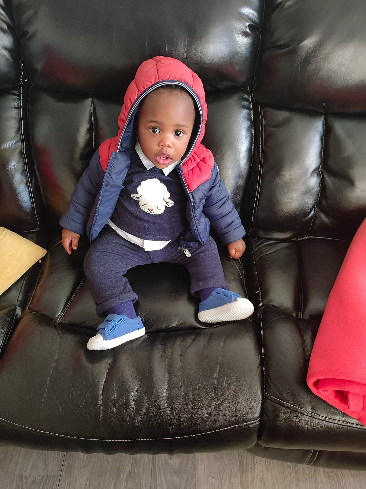 Eliel participe au concours pour gagner de l'argent avec cette photo : baby, baby_products, baby_toddler_clothing, cap, car_seat, carmine, child, comfort, couch, flooring, fun, lap, linens, magenta, person, purple, room, shoe, sitting, sleeve