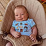 baby, smile, baby_seat, quilted, blue_shirt, farm_animals, text_on_clothing, wooden_deck, pumpkin, hand, face, infant, cute, happy, indoor, comfort, clothing, person, portrait, relaxation