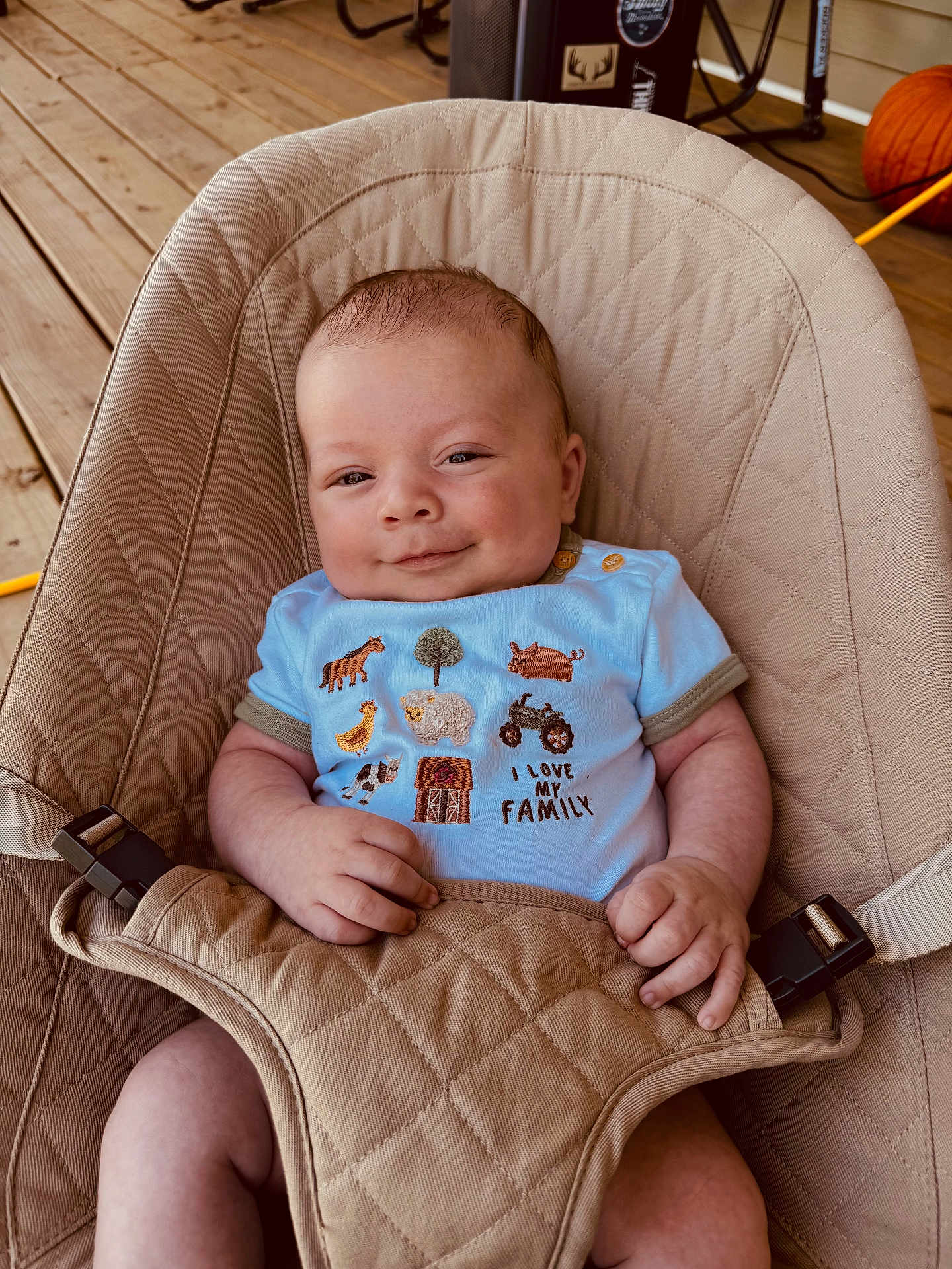 Huddson is registered to the contest to win money with this photo: baby, smile, baby_seat, quilted, blue_shirt, farm_animals, text_on_clothing, wooden_deck, pumpkin, hand, face, infant, cute, happy, indoor, comfort, clothing, person, portrait, relaxation