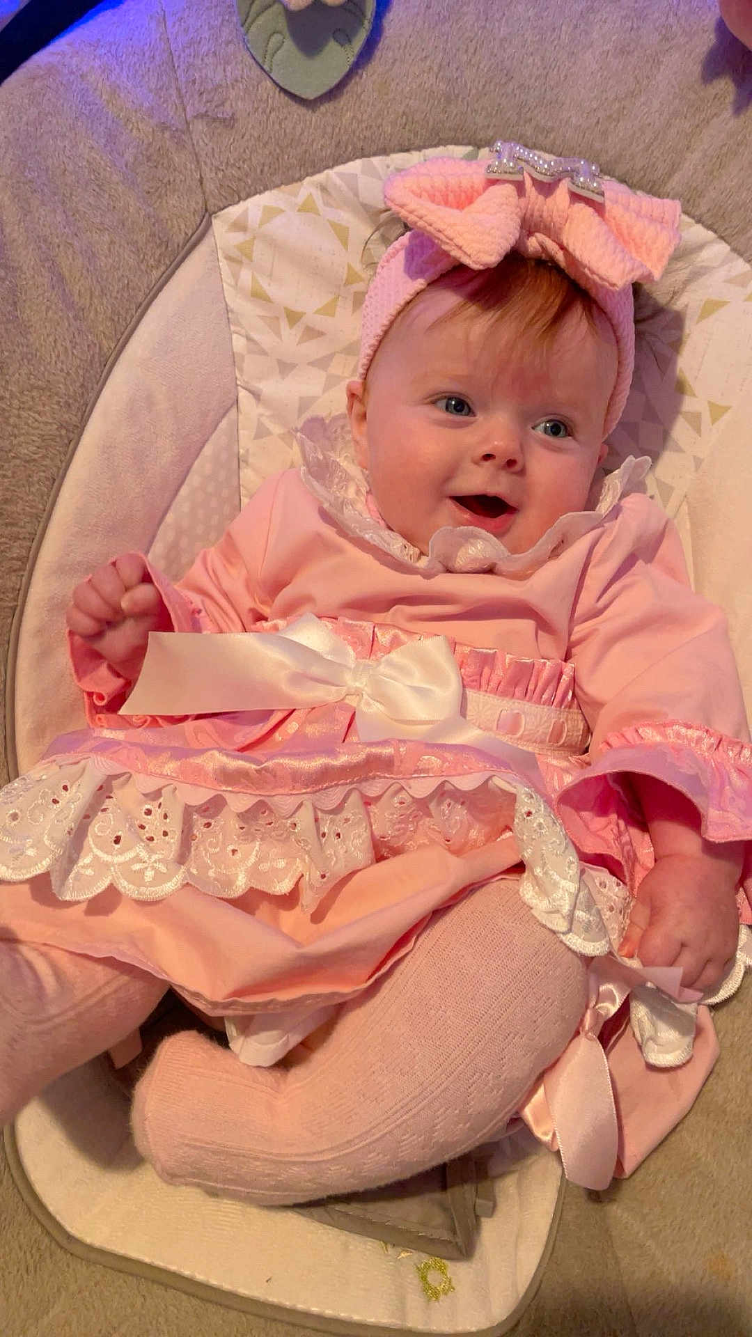 Myla-Rae joined the competition — help win amazing prizes! baby, baby_girl, bow, child, closeup, clothing, cushion, cute, happy, headband, indoors, infant, person, pink_dress, portrait, seat, smiling, soft_texture, tights, young_child