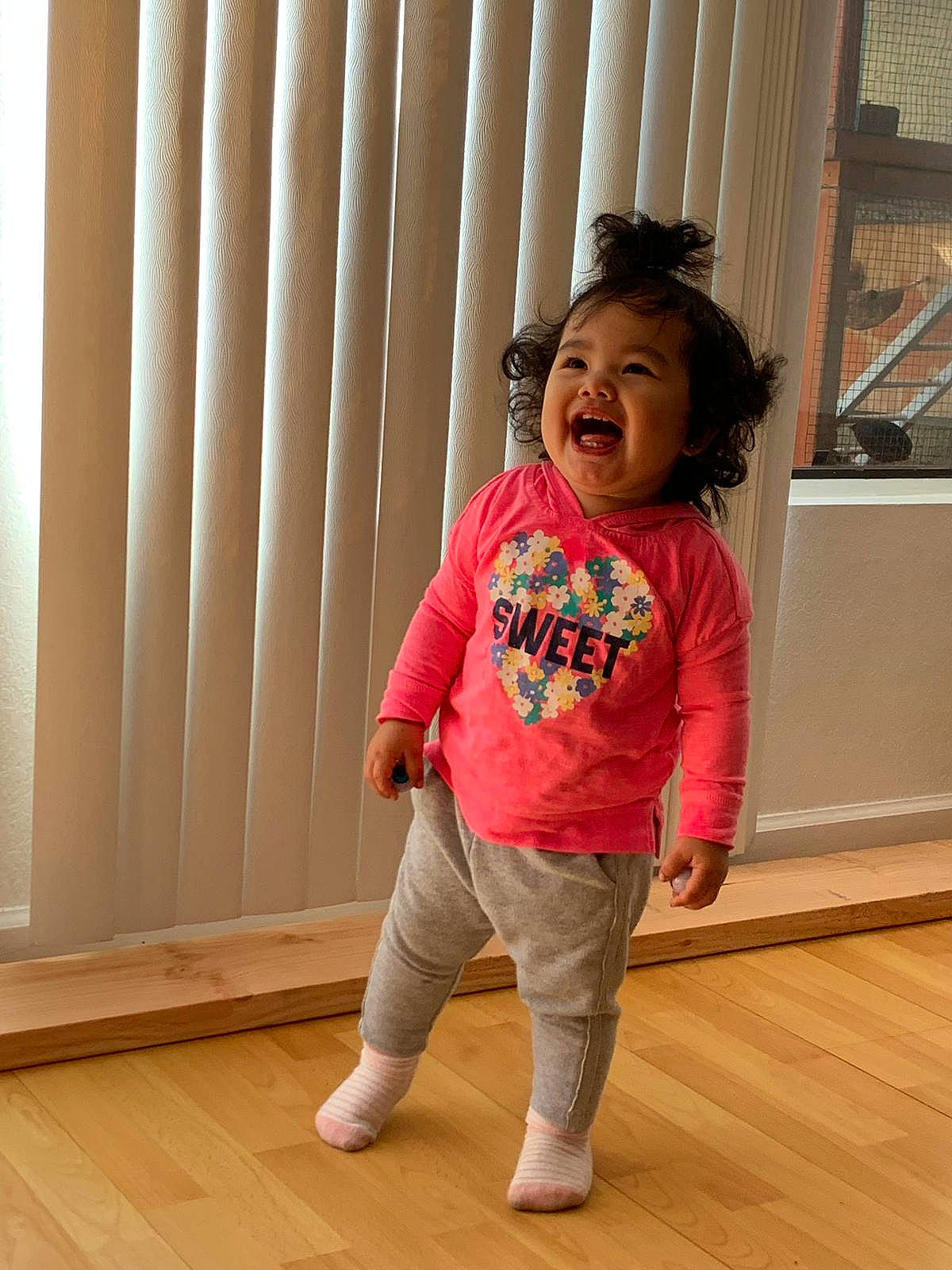 Andrea joined the competition — help win amazing prizes! child, floor, flooring, joint, leg, person, pink, shoulder, standing, toddler, wood