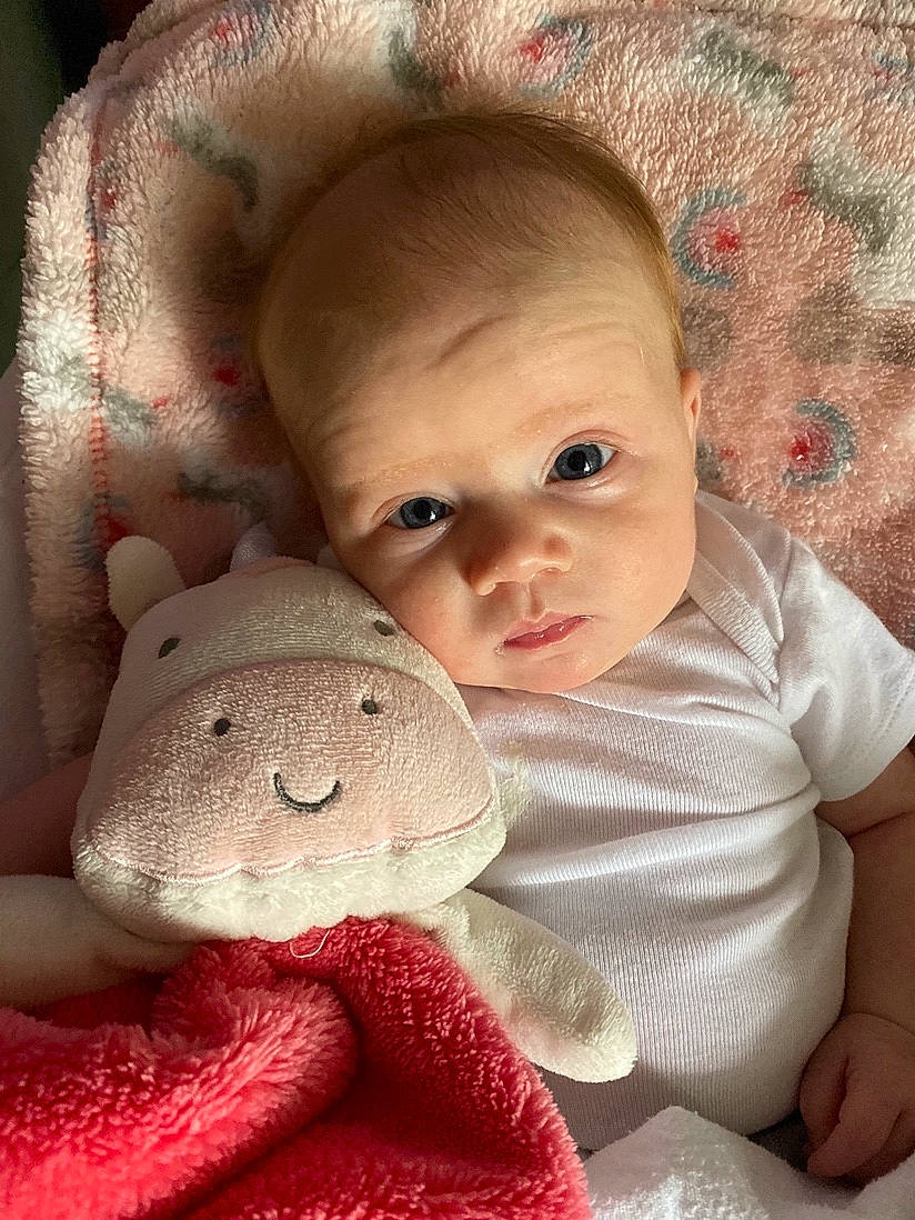 Rainbow is registered to the contest to win money with this photo: baby, bedtime, cheek, child, face, head, lip, mouth, nose, person, pink, plush, skin, smile, stuffed_toy, textile, toddler, toy