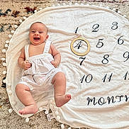 Ilyan a rejoint le concours — aidez-le/la à gagner de superbes lots ! baby, infant, smiling, white_overalls, blanket, numbers, wooden_ring, carpet, floor, cute, happy, child, month_marker, round_blanket, pattern, pom_poms, lying_down, indoors, skin, expression