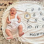 baby, infant, smiling, white_overalls, blanket, numbers, wooden_ring, carpet, floor, cute, happy, child, month_marker, round_blanket, pattern, pom_poms, lying_down, indoors, skin, expression