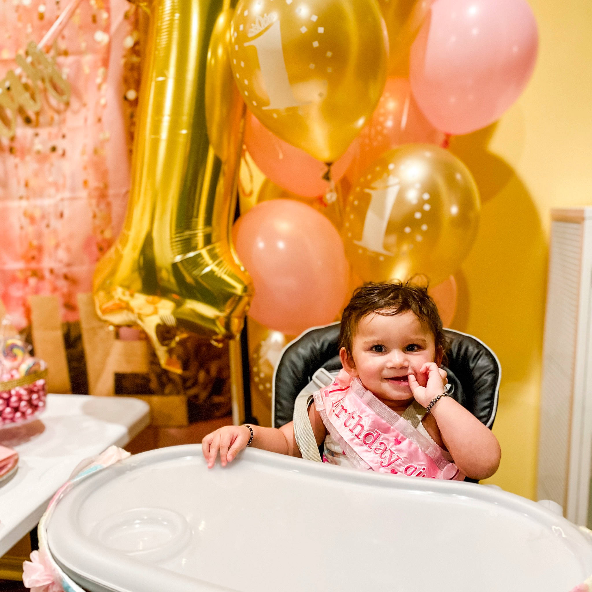 Mia is registered to the contest to win money with this photo: baby_toddler_clothing, balloon, beauty, chair, child, comfort, decoration, event, fun, happy, joy, leisure, magenta, party_supply, person, pink, plate, room, smile, t_shirt