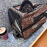 dog, pet_carrier, leopard_print, black_dog, small_dog, peeking, table, cup, straw, blue_countertop, indoor, mesh_window, zipper, animal, curious, pet_accessory, container, furry, face, closeup