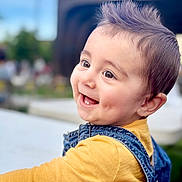 Noyan Muradzay is registered to the contest to win money with this photo: baby, blurry_background, child, cute, denim_overalls, expression, face, fashion, hairstyle, happy, holding, joy, outdoor, person, portrait, skin, smiling, toddler, yellow_shirt, youth