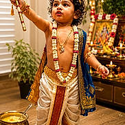 Mahadevith is registered to the contest to win money with this photo: child, toddler, portrait, traditional_clothing, indian_culture, religious_decoration, peacock_feather, flute, garland, jewelry, curly_hair, makeup, barefoot, smiling, indoor, altar, oil_lamps, flowers, butter, festive