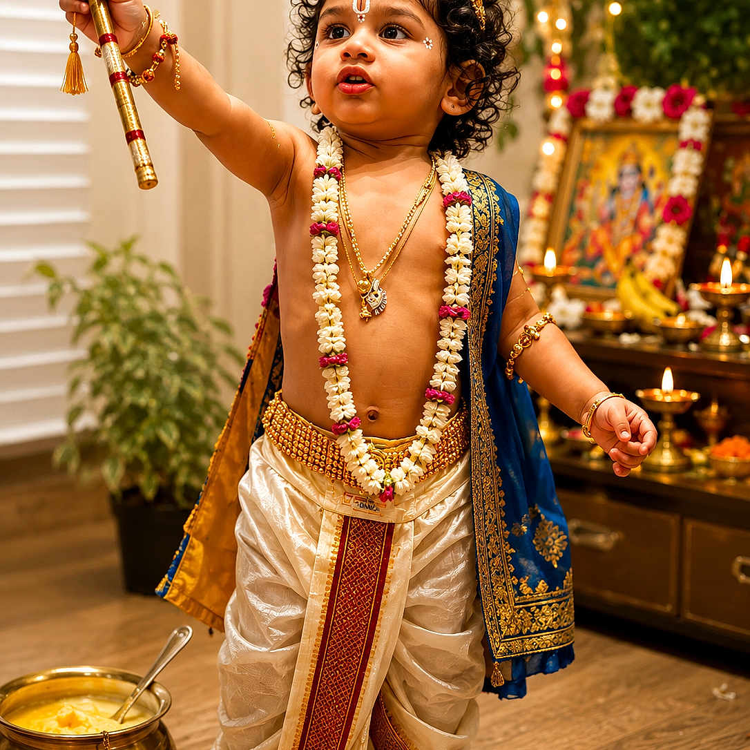 Mahadevith is registered to the contest to win money with this photo: child, toddler, portrait, traditional_clothing, indian_culture, religious_decoration, peacock_feather, flute, garland, jewelry, curly_hair, makeup, barefoot, smiling, indoor, altar, oil_lamps, flowers, butter, festive