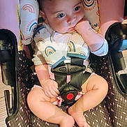 Ava joined the competition — help win amazing prizes! baby, car_seat, child, infant, rainbow_pattern, straps, sitting, pink, white_clothing, barefoot, hand, face, looking_away, indoor, wood_floor, safety_harness, cute, soft_lighting, closeup, person