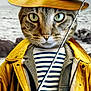 cat, fishing_rod, yellow_hat, yellow_coat, striped_shirt, animal_portrait, seaside, fishing, outdoor, water, rocks, portrait, costume, hat, animal_face, feline, clothing, fisherman, fishing_trip, surreal