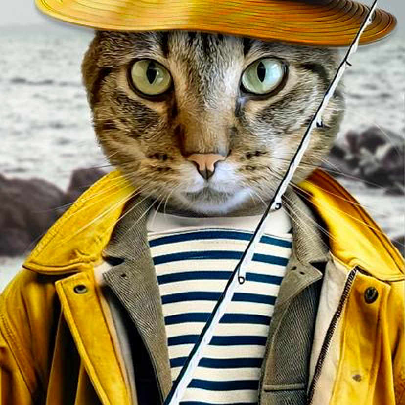 Riboul a rejoint le concours — aidez-le/la à gagner de superbes lots ! animal_face, animal_portrait, cat, clothing, costume, feline, fisherman, fishing, fishing_rod, fishing_trip, hat, outdoor, portrait, rocks, seaside, striped_shirt, surreal, water, yellow_coat, yellow_hat