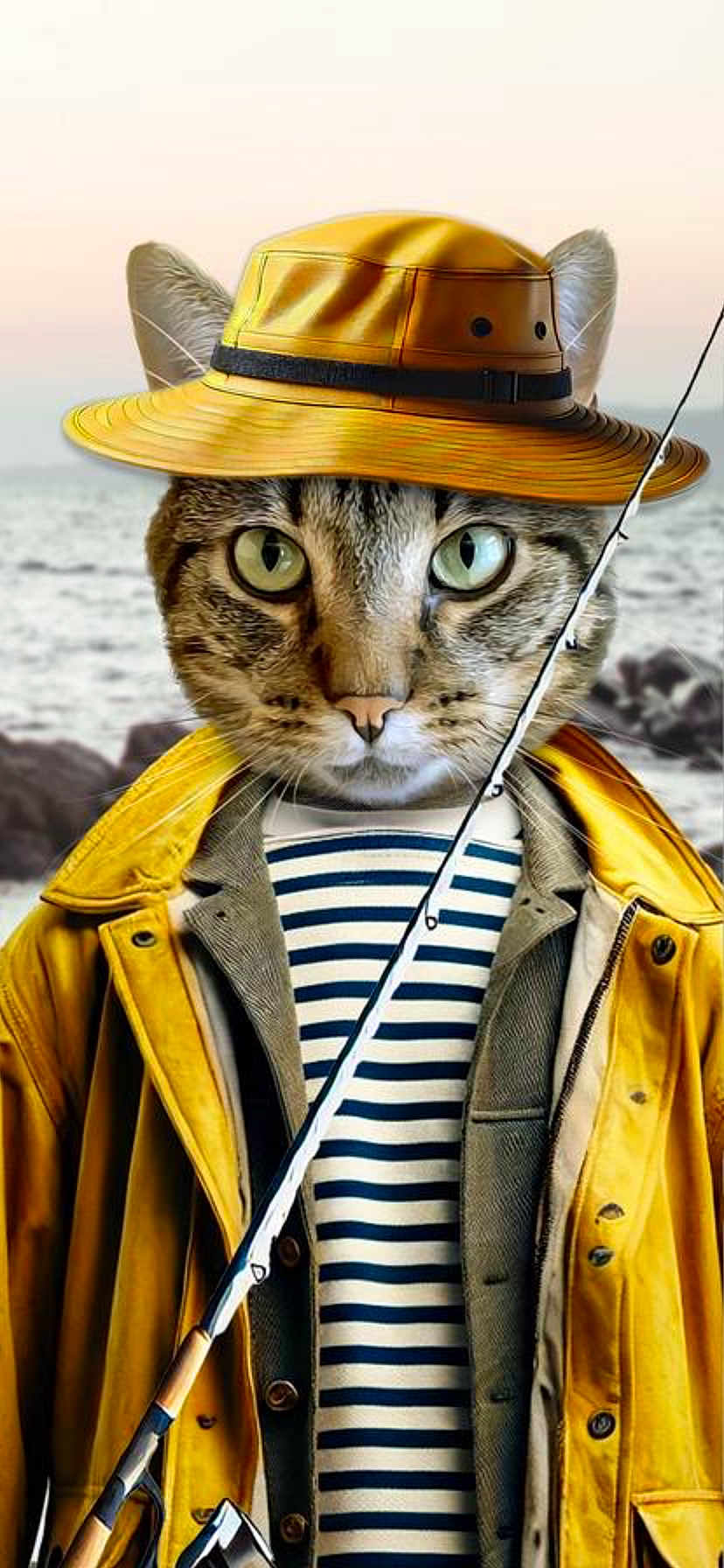 Riboul a rejoint le concours — aidez-le/la à gagner de superbes lots ! cat, fishing_rod, yellow_hat, yellow_coat, striped_shirt, animal_portrait, seaside, fishing, outdoor, water, rocks, portrait, costume, hat, animal_face, feline, clothing, fisherman, fishing_trip, surreal