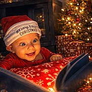 Isaiah Jr. joined the competition — help win amazing prizes! baby, book, child, christmas, cozy, decorations, face, festive, happy, hat, holiday, indoors, joy, lights, present, red_clothing, smile, tree, warm_lighting, wrapped_gifts