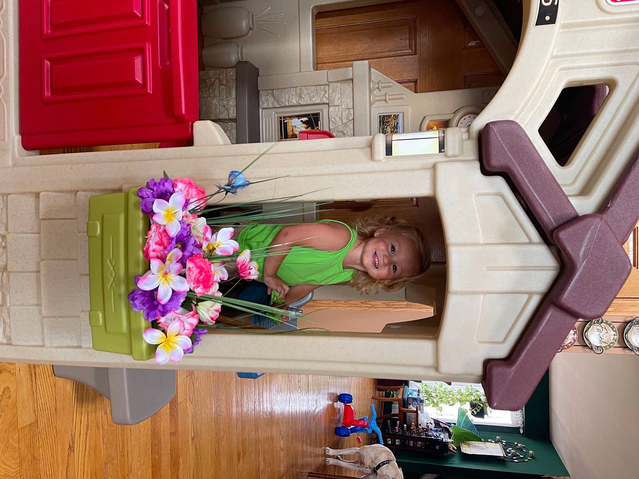 Evelyn is registered to the contest to win money with this photo: beauty, building, cabinetry, child, flooring, flower, hardwood, headwear, house, joy, machine, magenta, person, pink, plant, product, purple, room, smile, snapshot