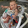 baby, smiling, walker, toy, blanket, child, happy, face, feet, hand, outdoor, patterned, plastic, seat, playful, infant, cute, person, floor, expression