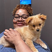 Brodie Smith is registered to the contest to win money with this photo: person, dog, puppy, glasses, smile, hugging, indoor, blue_shirt, curly_hair, wall_art, painting, animal, pet, cute, fur, hand, face, happy, portrait, closeup