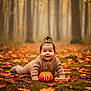 baby, child, infant, autumn, fall_leaves, pumpkin, forest, nature, outdoor, smiling, cute, portrait, moss, seasonal, wooden_block, number, crawling, clothing, brown_sweater, milestone