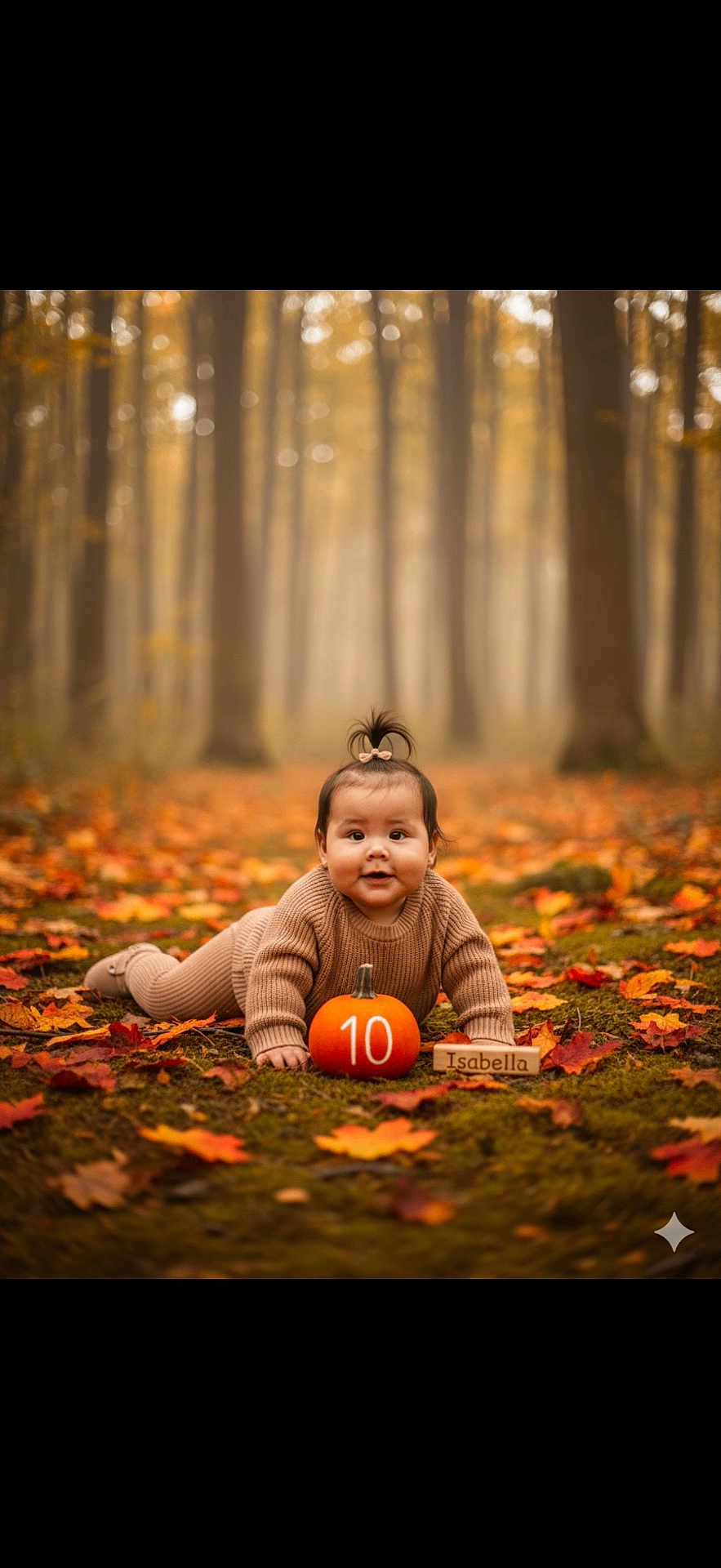 Isabella is registered to the contest to win money with this photo: baby, child, infant, autumn, fall_leaves, pumpkin, forest, nature, outdoor, smiling, cute, portrait, moss, seasonal, wooden_block, number, crawling, clothing, brown_sweater, milestone