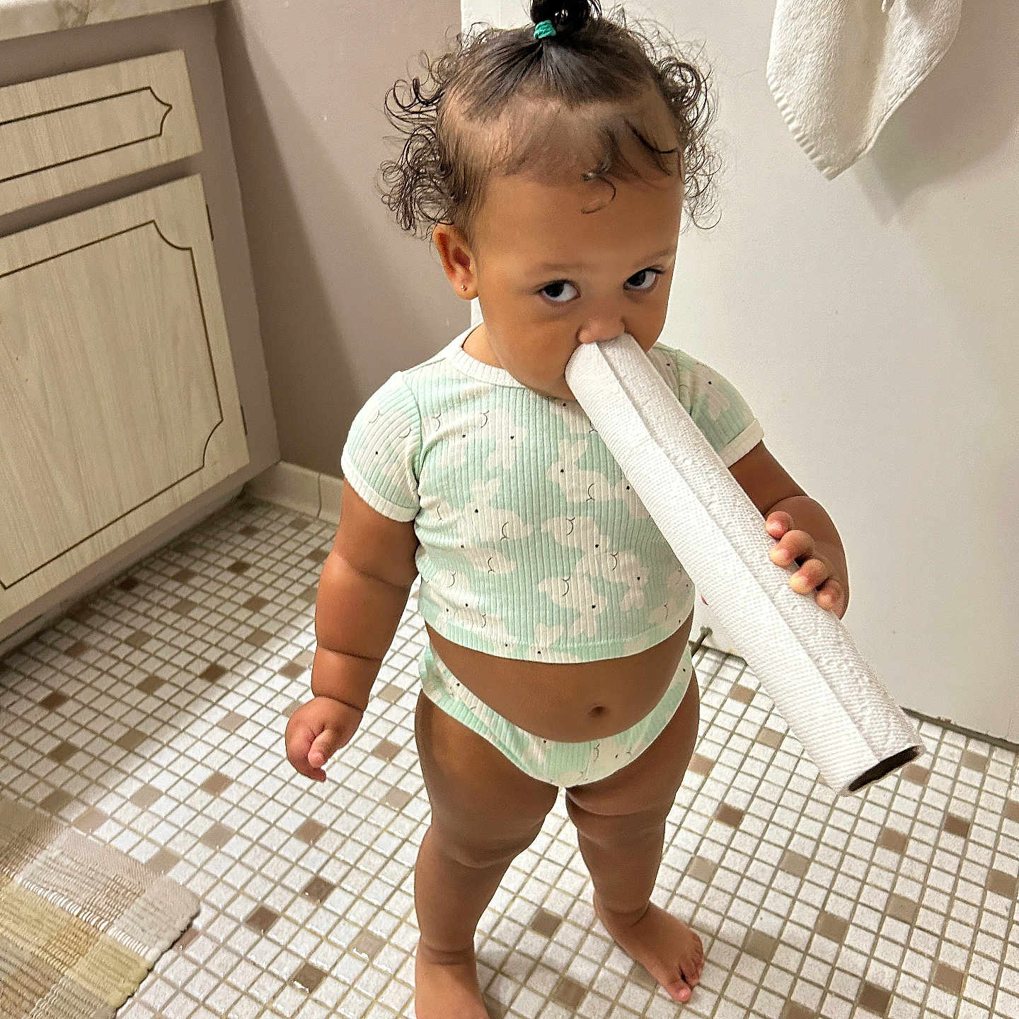 Seraphina joined the competition — help win amazing prizes! baby, babycrawling, basin, bathing, bathroom, biting, clothing, crawling, face, head, indoors, paper, papertowel, person, photography, portrait, room, sitting, sleeve, towel