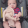 baby, infant, car_seat, blanket, striped_clothing, blue_eyes, barefoot, child, cute, indoor, seat_belt, soft_blanket, young_child, person, portrait, comfort, sitting, small_hands, small_feet, casual