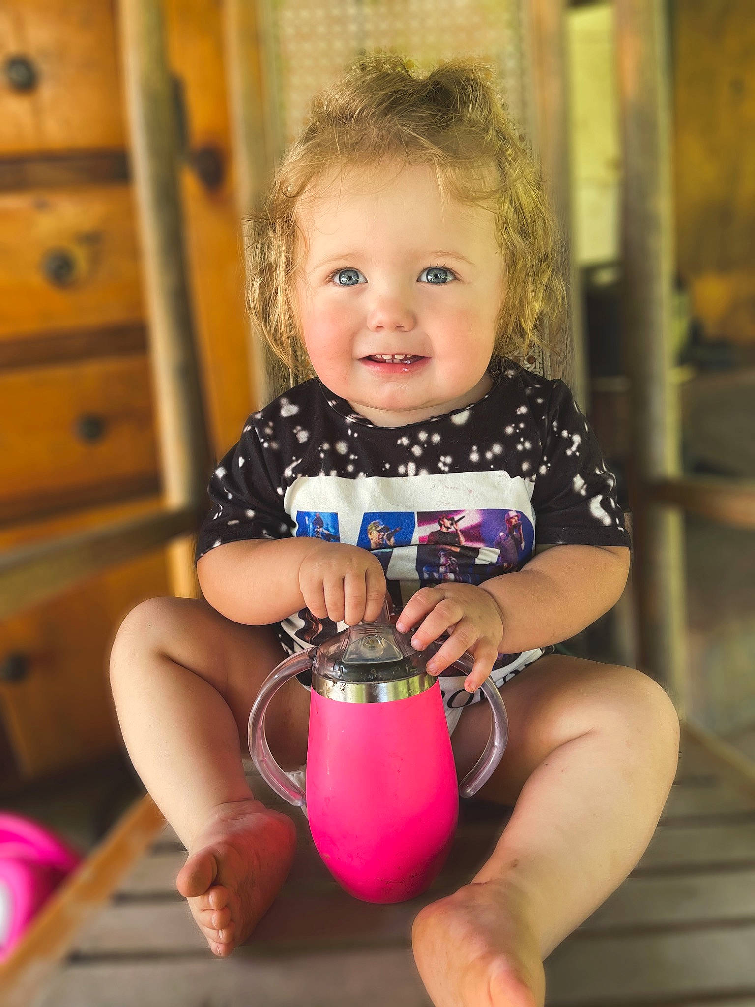 Kimber is registered to the contest to win money with this photo: baby_toddler_clothing, beauty, blond, cabinetry, child, drawer, dress, eye, face, facial_expression, flash_photography, fun, happy, human_leg, iris, joy, person, pink, smile, thigh