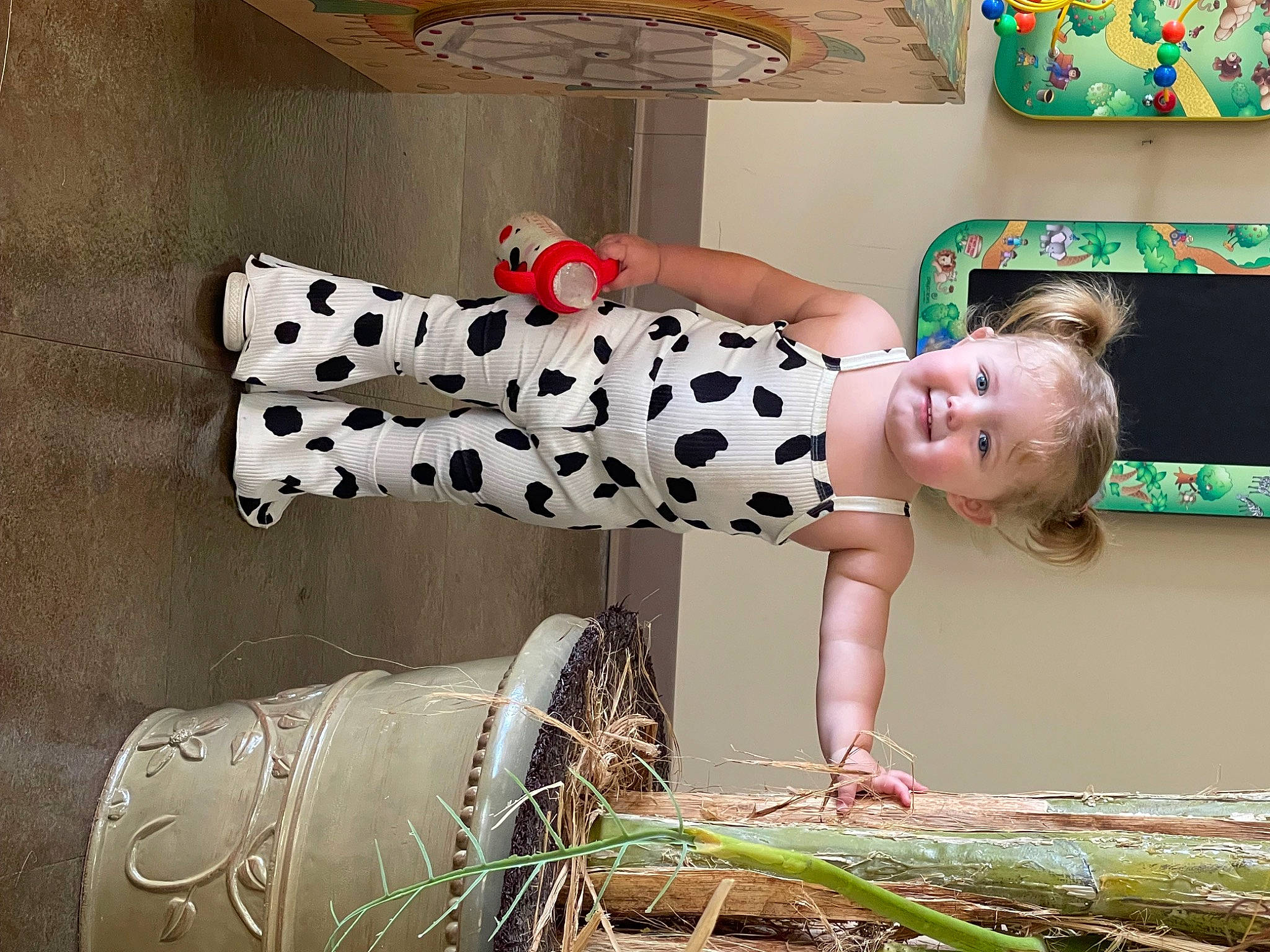 Kimber joined the competition — help win amazing prizes! baby, baby_toddler_clothing, child, facial_expression, flash_photography, fun, grass, hand, happy, human_body, human_leg, joy, leg, leisure, pattern, person, sandal, sitting, standing, thigh