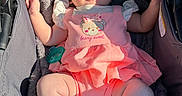 Elliana is registered to the contest to win money with this photo: baby, infant, stroller, pink_dress, pacifier, blanket, fluffy, sunlight, cute, chubby, child, person, outdoor, clothing, legs, feet, hand, portrait, smile, relaxing