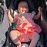 baby, infant, stroller, pink_dress, pacifier, blanket, fluffy, sunlight, cute, chubby, child, person, outdoor, clothing, legs, feet, hand, portrait, smile, relaxing