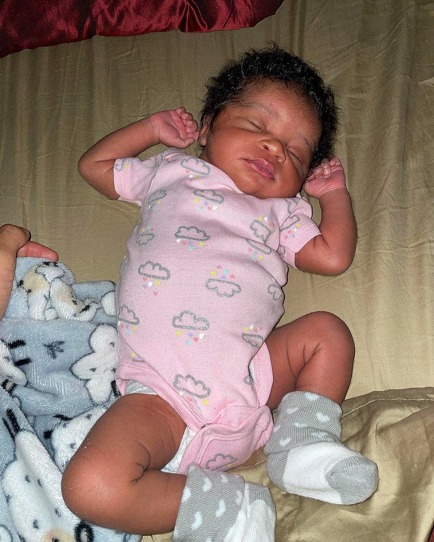 Kimorah is registered to the contest to win money with this photo: baby, baby_sleeping, baby_toddler_clothing, cheek, child, comfort, eye, finger, hand, head, human_body, linens, mouth, person, pink, product, skin, sleeve, thigh, thumb