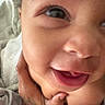Alani joined the competition — help win amazing prizes! baby, closeup, face, smile, hand, skin, eyes, infant, joy, expression, cute, portrait, child, person, happy, mouth, tongue, blanket, background, soft