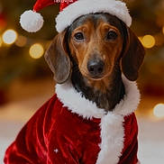 Oscar is registered to the contest to win money with this photo: animal, background_bokeh, brown, canine, christmas, christmas_lights, costume, cute, dachshund, dog, festive, fur, holiday, indoor, pet, portrait, santa_hat, seasonal, small_dog, snow