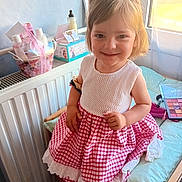 Cléa participe au concours pour gagner de l'argent avec cette photo : baby_bottle, chair, child, cushion, dress, girl, hair, hair_tie, happy, indoors, makeup_palette, person, personal_items, portrait, radiator, red_checkered, smiling, sunlight, white_top, window