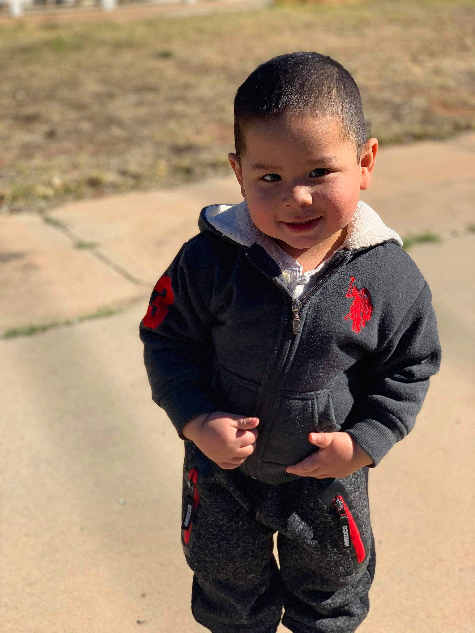 Marcelo joined the competition — help win amazing prizes! baby, child, jacket, jeans, joy, outerwear, person, play, skin, smile, standing, toddler